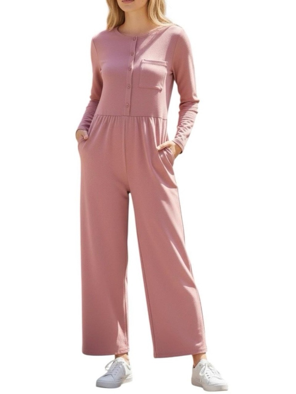 Halara Waffle Knit Jumpsuit M Pink Wide Leg Stretch Pockets Pull On